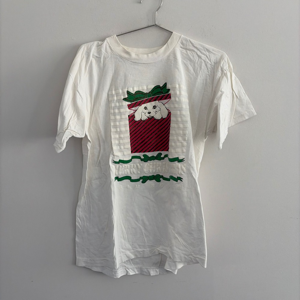 Vintage Palm Beach Merry Christmas Puppy Graphic T-Shirt White Single Stitch